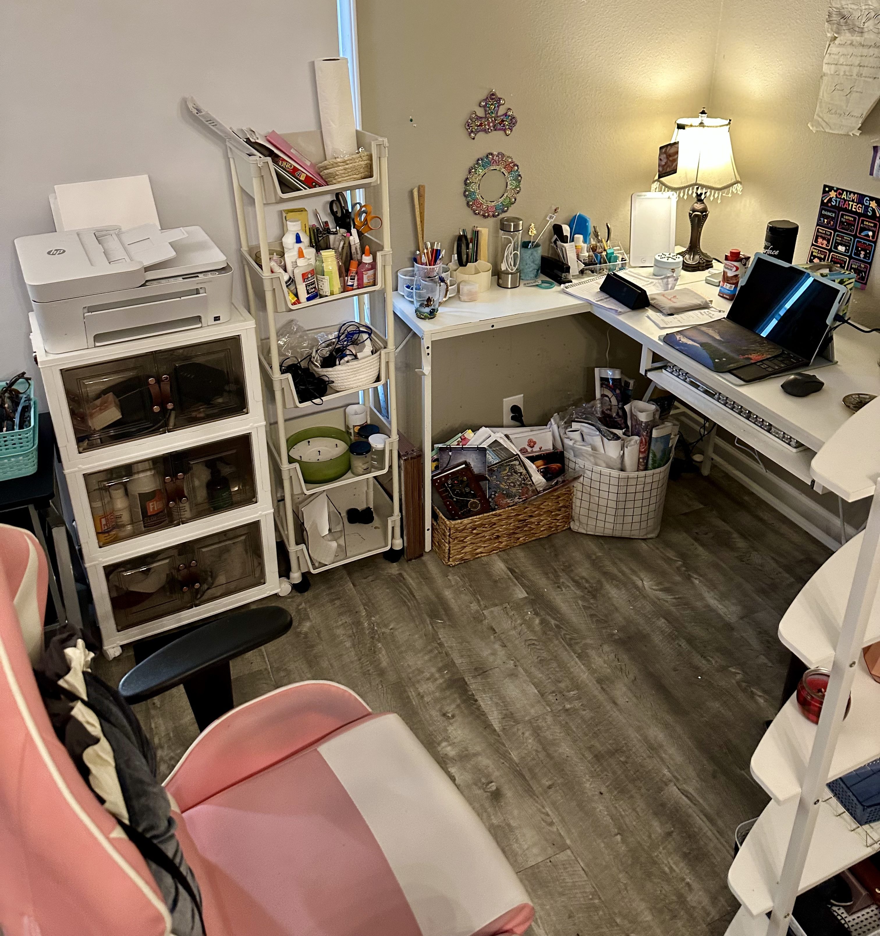 Workspace after editing, with existing furnishings and storage reorganized around the client's established routines.